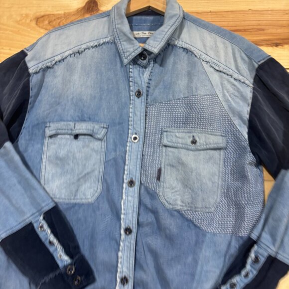 We the Free Palisades Patchwork Button Down Shirt Womens Medium Blue Oversized - Picture 2 of 10